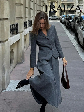 Blazer em V + Saia Longa Elegante